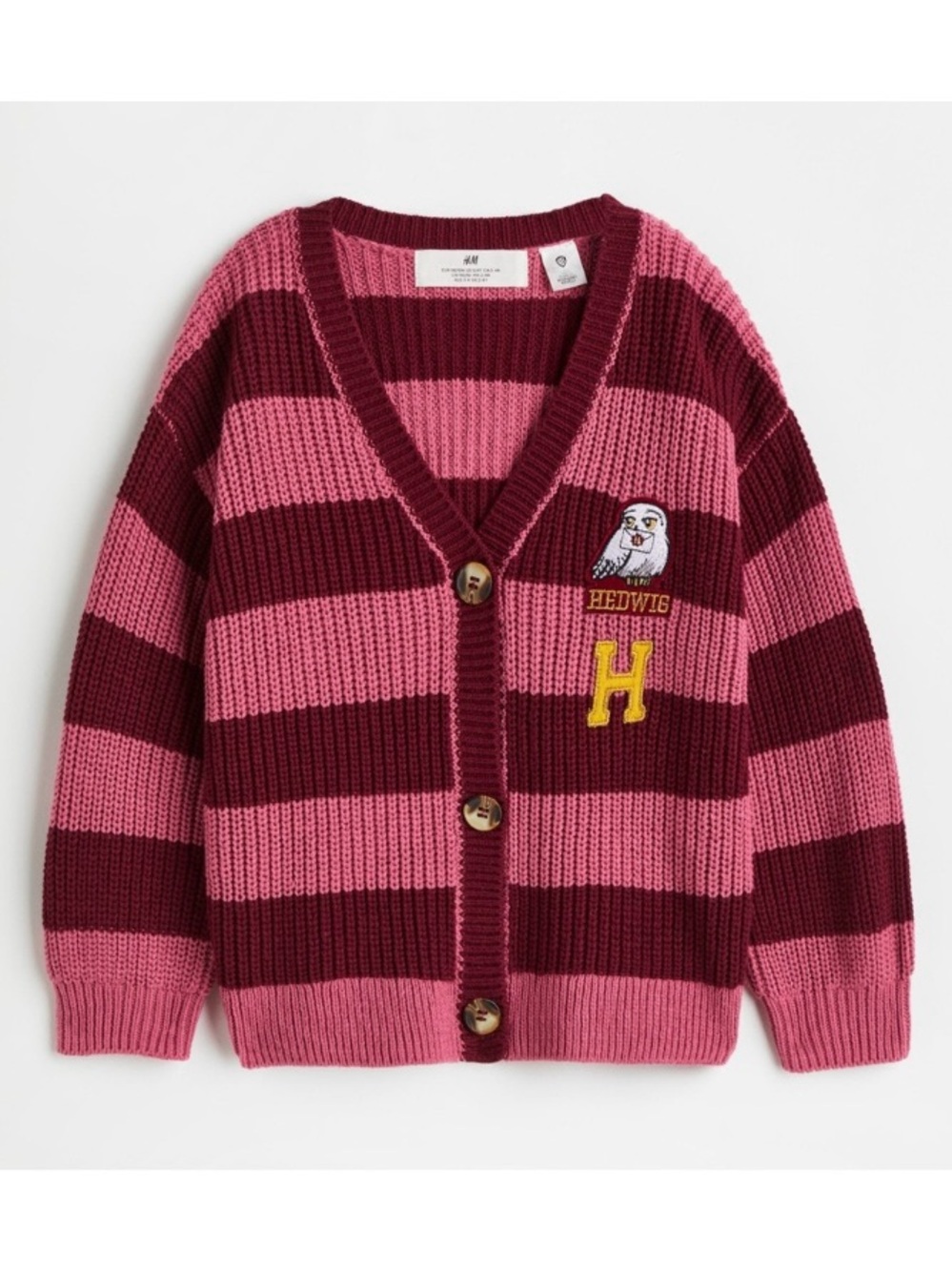 Harry Potter Striped Pink & Burgundy Cardigan with Hedwig the Owl Patch | 8-10Y